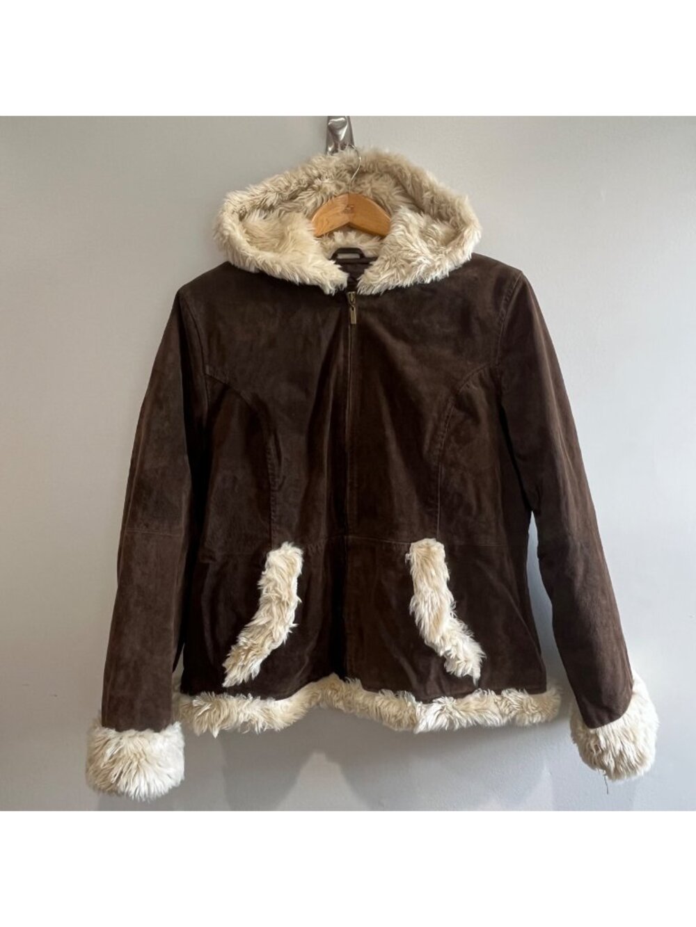 New York Classics Penny Lane Leather Jacket Womens XL Brown Fur Trim Y2K Boho